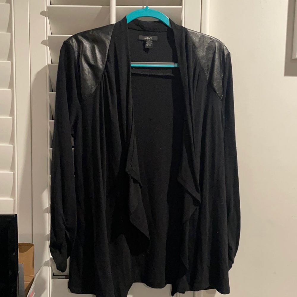 Open cardigan w/ faux leather detail at shoulders